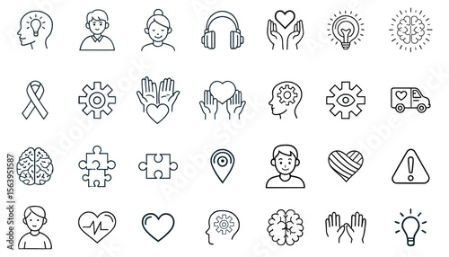 Line art icons illustrate concepts of autism awareness, mental health, ideas, and neurological diversity for support and understanding.