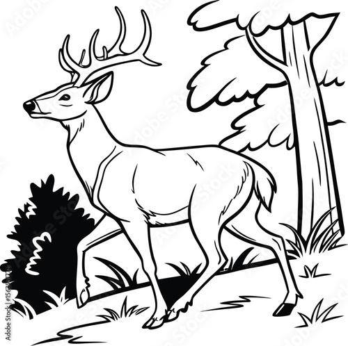 Majestic black and white deer silhouette with impressive antlers gazing into distance 