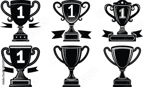 Vector art of six black silhouette trophies isolated on transparent background, perfect for celebrating a victory or achievement