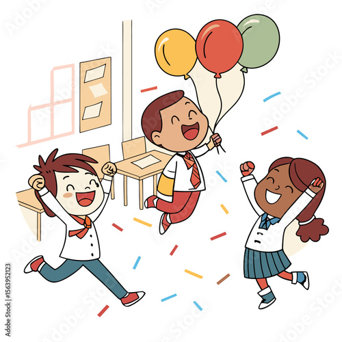 Three diverse happy cartoon children in school uniforms joyfully celebrating with balloons and confetti jumping in excitement