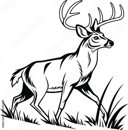 Majestic black and white deer silhouette with impressive antlers gazing into distance 