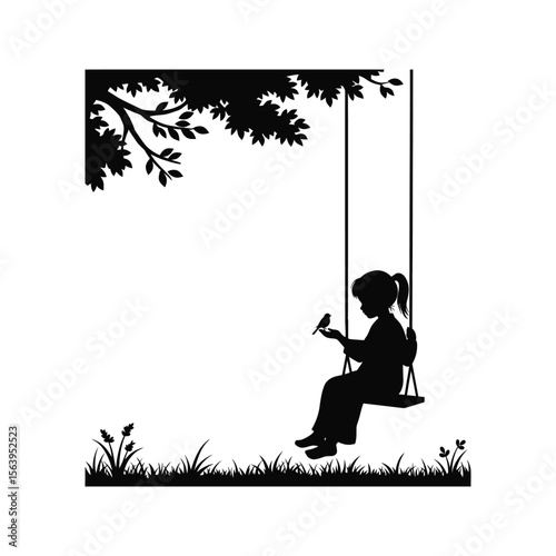 Silhouette of girl on swing feeding bird under tree black and white vector illustration