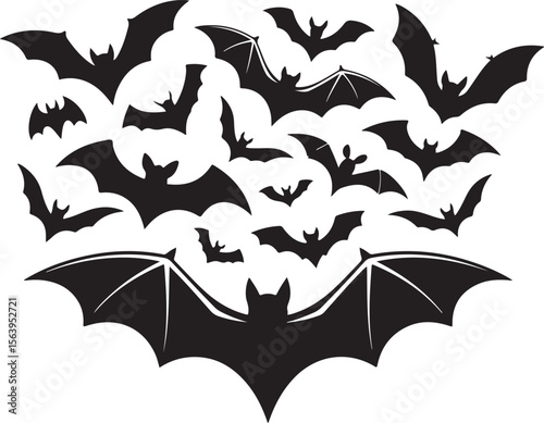 Spooky Bat Silhouette Swarm Against White Background