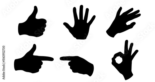 Silhouette illustration showing various hand gestures including thumbs up and pointing fingers signals