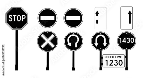 Illustration of various black and white traffic signs including stop yield and speed limit signs shown