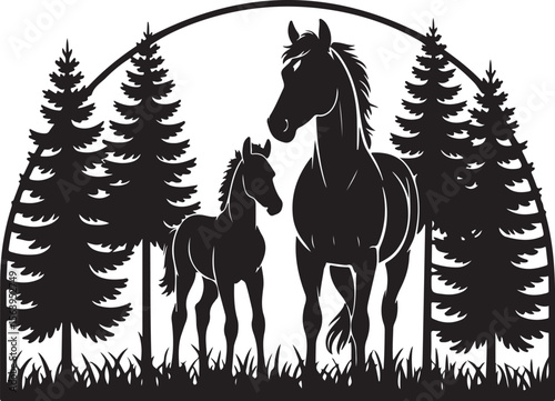 Horse and Foal Forest Silhouette vector 