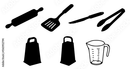 Illustration of kitchen utensils including a rolling pin spatula knife tongs aprons and measuring cup