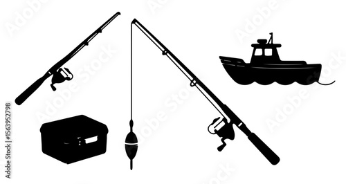 Silhouette illustration of fishing equipment including rods tackle box boat and bobber on white background