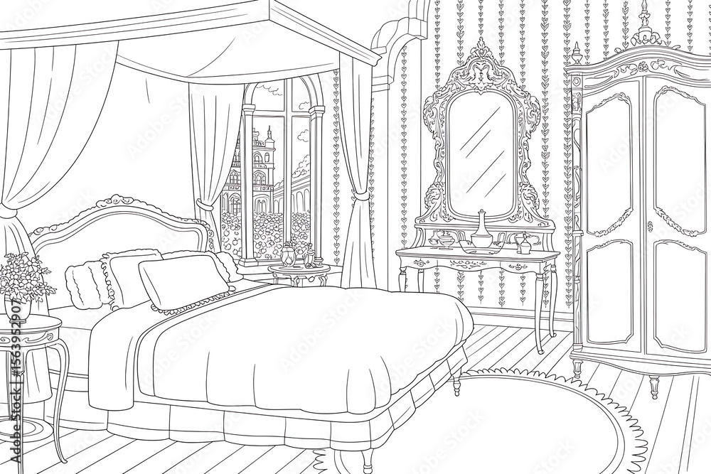 Fototapeta premium Ornate bedroom with a view, luxurious and detailed. 