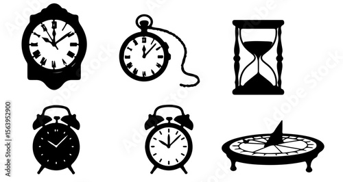 Collection of clocks including a grandfather clock pocket watch alarm clock and sundial timepieces