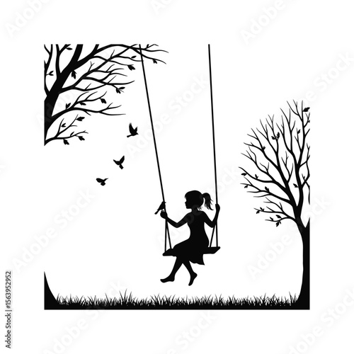 Silhouette of girl on swing set with birds and trees nature childrens play outdoor fun vector illustration