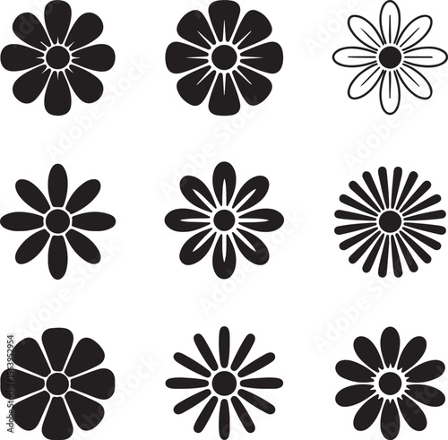 Nine Black and White Flower Icons Set Isolated on White Background Simple Floral Designs Vector Graphics Elements for Branding Decoration and Web Design