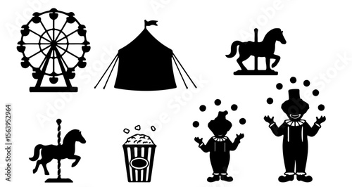 Black silhouette illustrations of a ferris wheel, tent, carousel horses, popcorn, and two clowns juggling