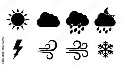 Illustration of weather icons including sun cloud rain moon lightning wind and snowflake in black color