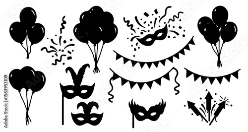 Black silhouette illustration of party elements including balloons masks confetti and pennant banners