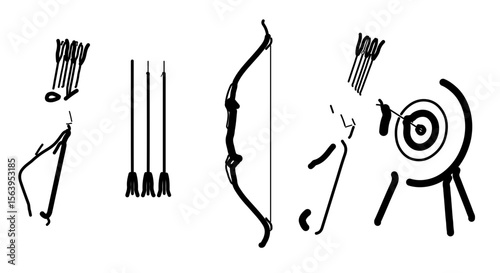 Illustration of archer with bow and arrow aiming at target with arrows in the quiver and bow set