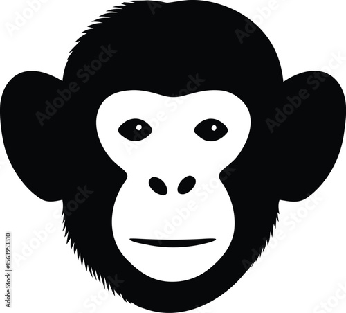 Monkey head silhouette with rounded ears and expressive face for playful jungle icon