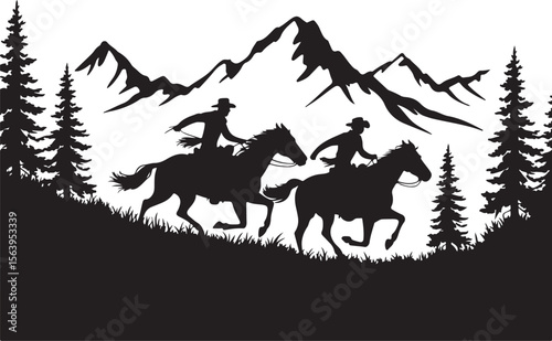 Cowboys Riding Horses in Mountains Silhouette vector
