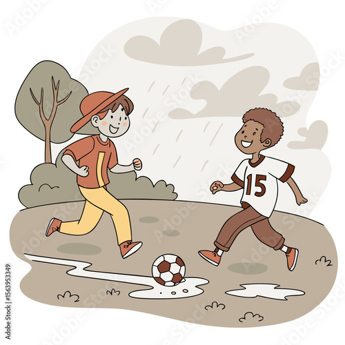 Two happy boys playing soccer in the rain on a grassy field with puddles and a tree in the background