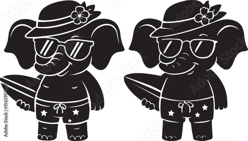 Surfing Elephant Cartoon Tropical Beach Fun vector illustration