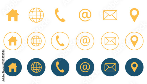 Collection of orange contact icons including house globe phone email at symbol and location pin