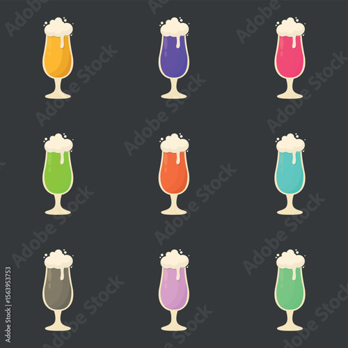 Set of 9 alcoholic beer foamy colorful cocktails - Vector illustration