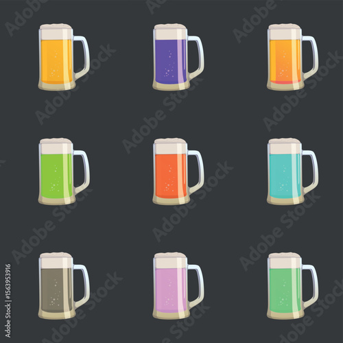 Set of 9 alcoholic beer foamy colorful cocktails - Vector illustration