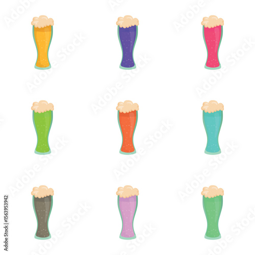 Set of 9 alcoholic beer foamy colorful cocktails - Vector illustration