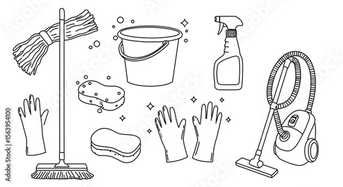 Illustration of cleaning supplies including a mop bucket sponges gloves spray bottle and a vacuum cleaner tool