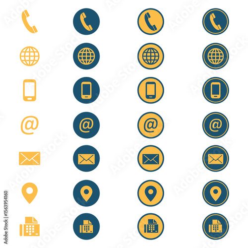Contact information icons show various communication methods in blue and gold circles