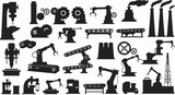 Silhouette illustration showing industrial machinery and factory equipment in black and white style