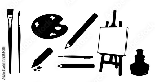 Still life of art supplies including brushes palette easel and ink bottle in monochrome illustration
