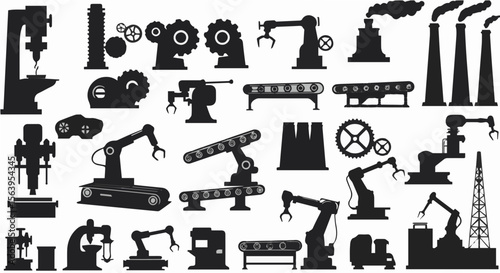 Silhouette illustration showing industrial machinery and factory equipment in black and white style