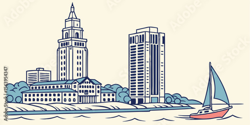 A sleek silhouette of Stamford showcasing Landmark Tower, downtown high-rises, and waterfront views of Long Island Sound.