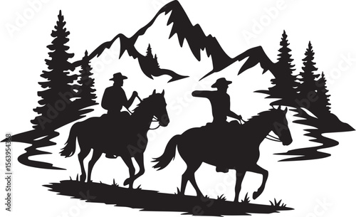 Cowboys Riding Horses in Mountains Silhouette vector