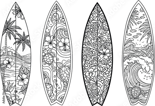 Decorative Surfboard Vector Illustrations with Ocean and Floral Patterns