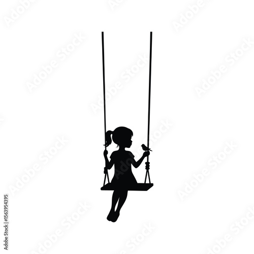 Silhouette of Little Girl on Swing with Bird  Child Nature Playful Vector Illustration