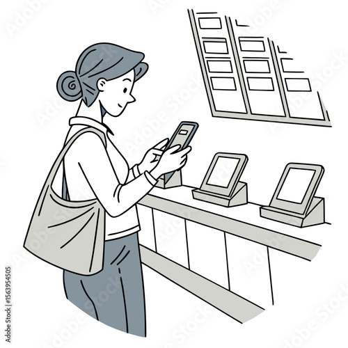 A woman with a shoulder bag uses her smartphone to interact with a digital kiosk or self service terminal in a modern retail or information environment
