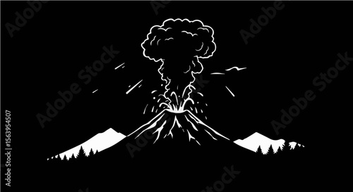 Illustration of a volcano erupting with smoke and lava with mountains and trees in the foreground