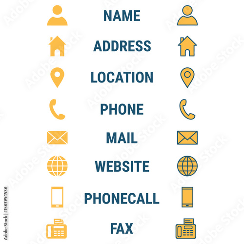 Contact icons represent name, address, location, phone, mail, website, phonecall, and fax for essential connection details.