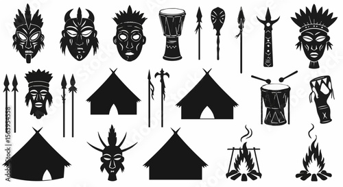 Collection of african tribal elements including masks drums spears tents and a campfire illustration