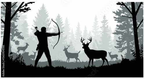 Silhouette of an archer aiming at deer in a forest with trees and fog in the background scene view
