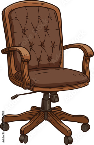 Brown leather office chair with wooden frame and wheels comfortable swivel seat design vector illustration
