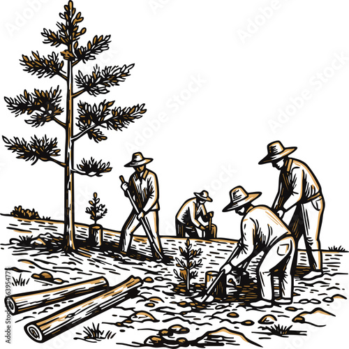 Tree planting workers planting trees in rural landscape vintage style vector illustration for environmental conservation and reforestation efforts