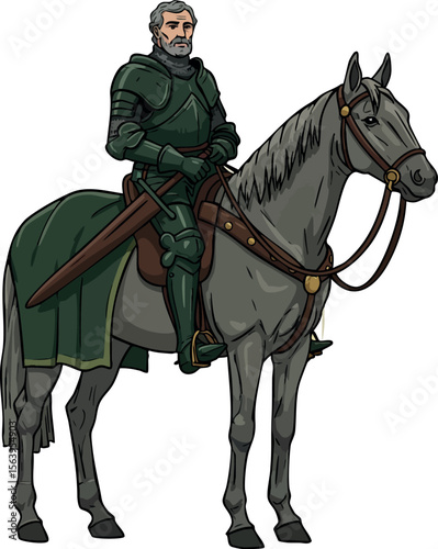 Medieval knight in full armor sitting on gray horse with green saddlecloth and sword vector illustration