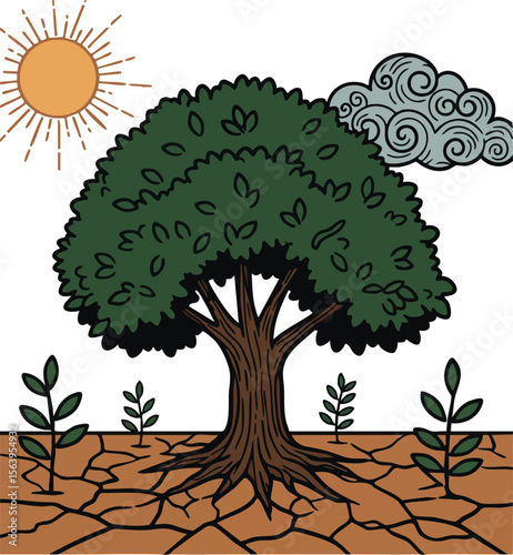 Drought affected tree with cracked dry soil sun and cloud vector illustration environmental concept