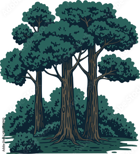 Group of large trees with dense green foliage and surrounding bushes in natural setting vector illustration