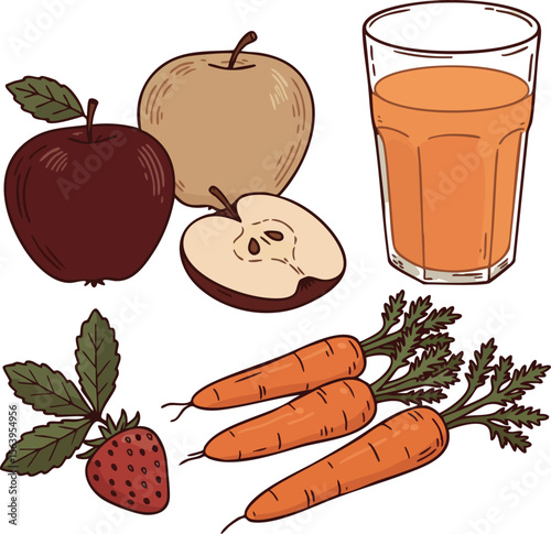 Apple carrot strawberry fresh juice healthy fruit and vegetable drink vector illustration