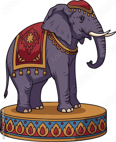 Elephant with decorative cloth and jewelry standing on patterned platform vector illustration artwork