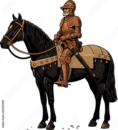 Knight in full armor riding black horse medieval warrior with sword vector illustration